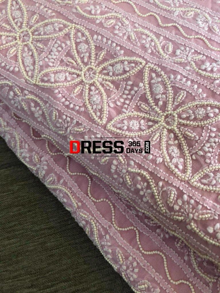 Powder Pink Chikankari Saree With Pearls