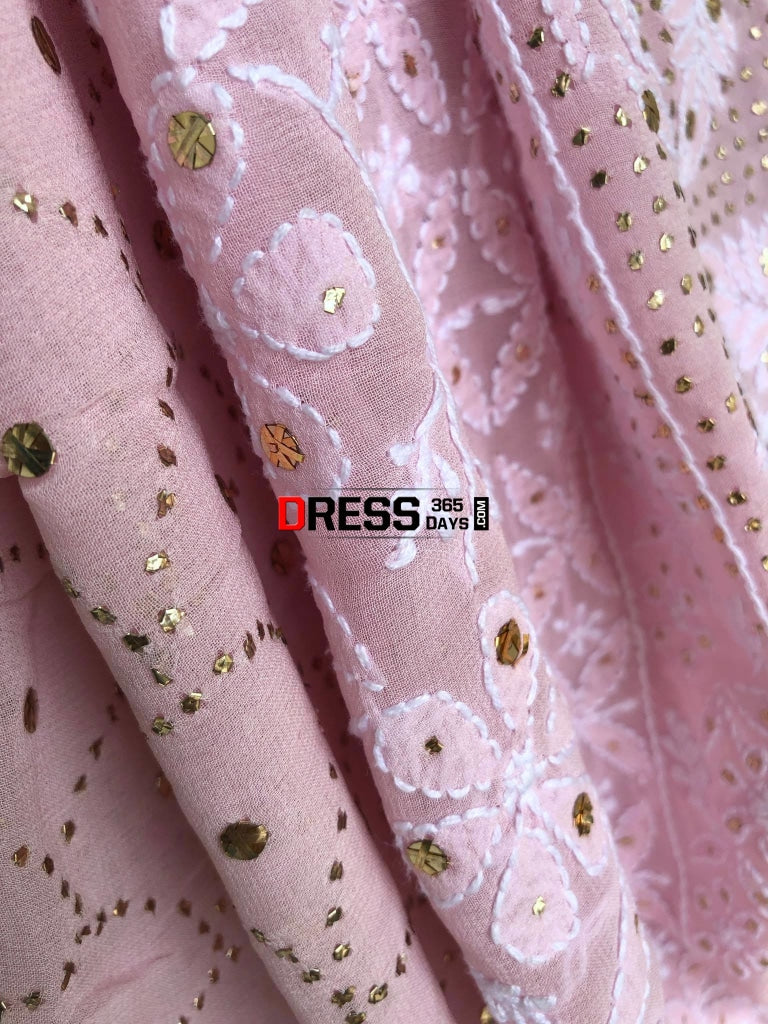 Powder Pink Lucknow Chikan Mukaish Saree Chikankari
