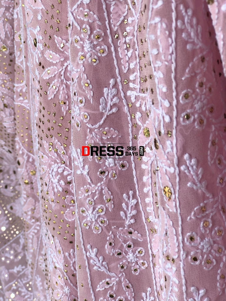 Powder Pink Lucknow Chikan Mukaish Saree Chikankari