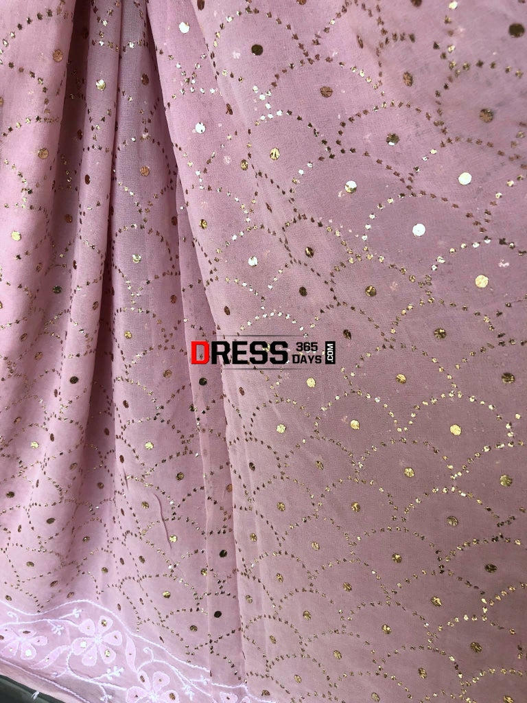 Powder Pink Lucknow Chikan Mukaish Saree Chikankari