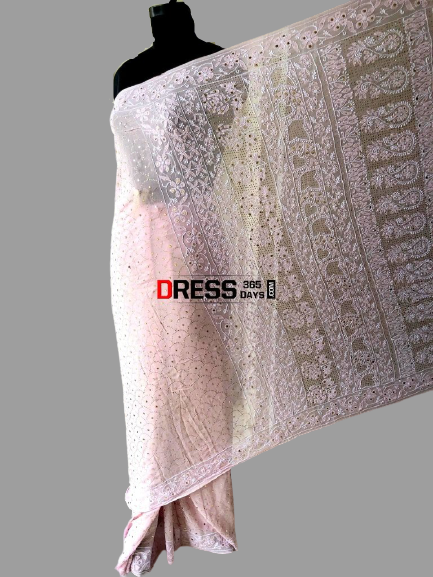 Powder Pink Lucknow Chikan Mukaish Saree