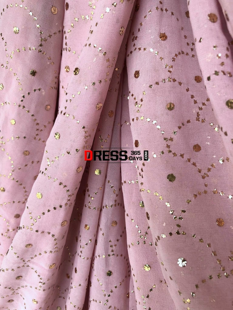 Powder Pink Lucknow Chikan Mukaish Saree Chikankari