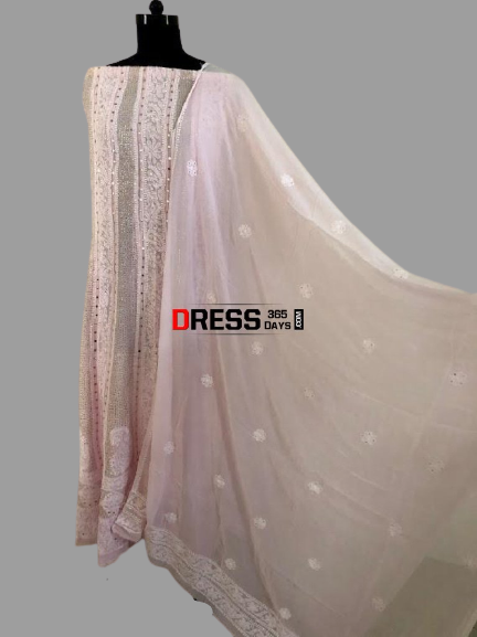 Powder Pink Mukaish Chikankari Anarkali Suit (Anarkali and Dupatta) - Dress365days