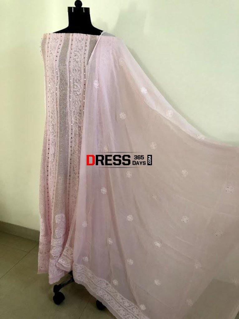 Powder Pink Mukaish Chikankari Anarkali Suit (Anarkali And Dupatta)