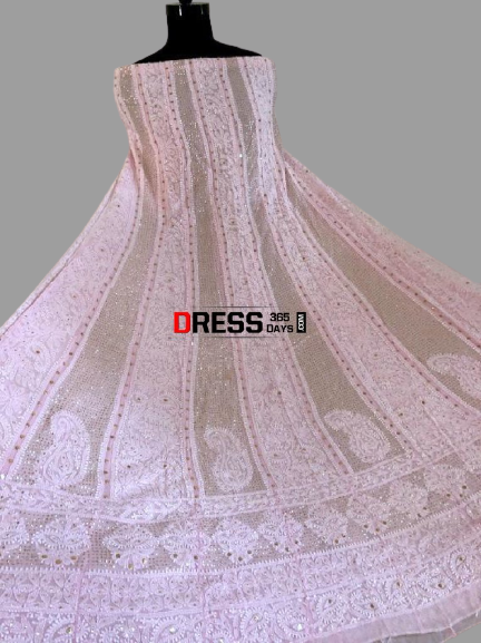 Powder Pink Mukaish Chikankari Anarkali Suit (Anarkali and Dupatta) - Dress365days