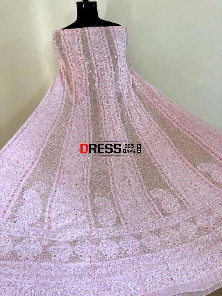 Powder Pink Mukaish Chikankari Anarkali Suit (Anarkali And Dupatta)
