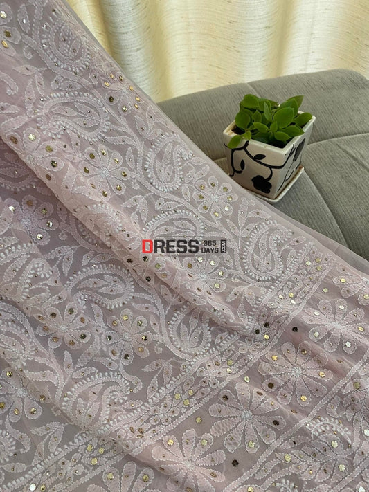 Powder Pink Mukaish Chikankari Kurti Fabric (Only Kurti)