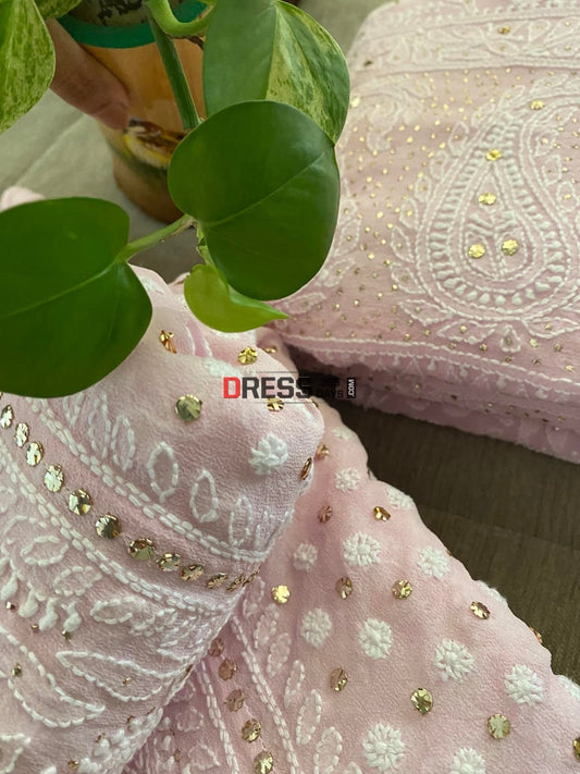 Powder Pink Mukaish Lucknowi Chikankari Lehenga Set