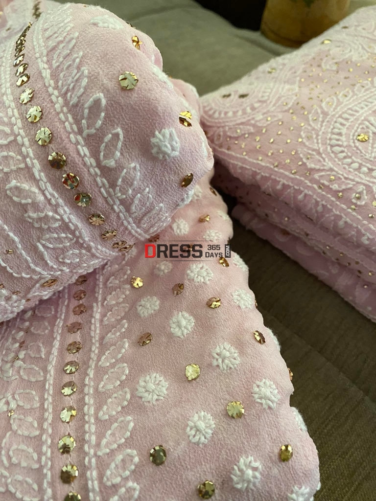 Powder Pink Mukaish Lucknowi Chikankari Lehenga Set