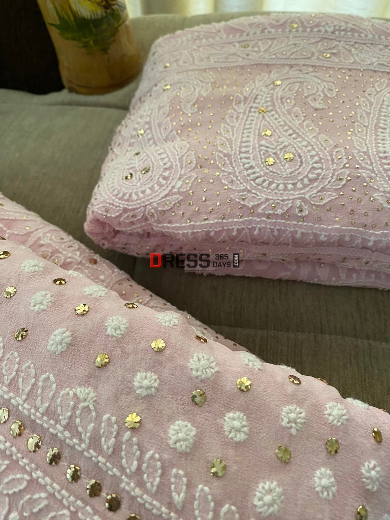 Powder Pink Mukaish Lucknowi Chikankari Lehenga Set