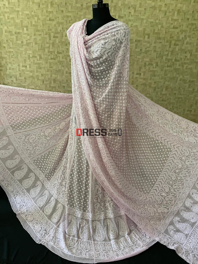 Powder Pink Mukaish Lucknowi Chikankari Lehenga Set