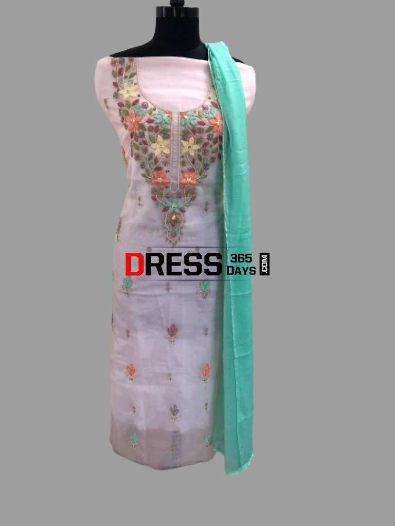 Powder Pink Multicolour Chikankari Neckline Suit Suits