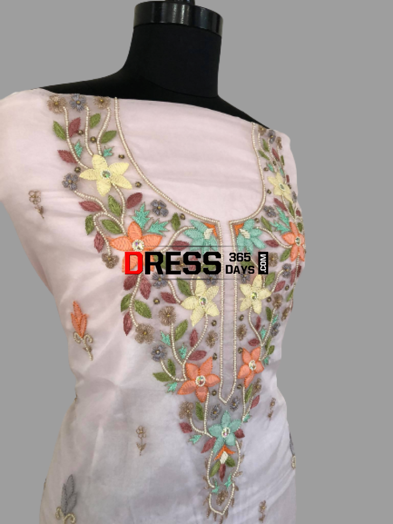 Powder Pink Multicolour Chikankari Neckline Suit Suits