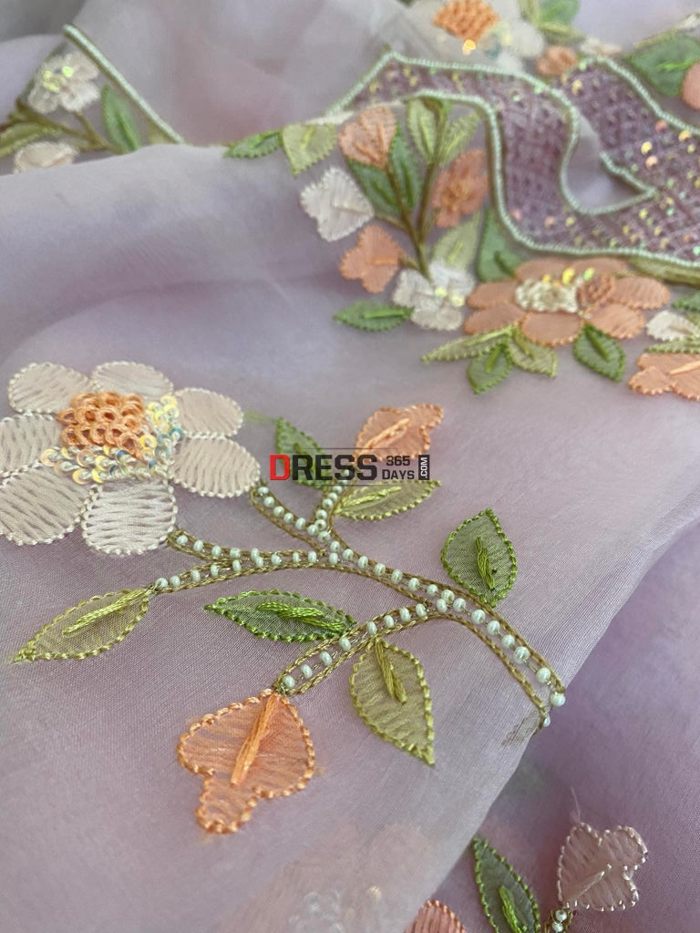 Powder Pink Organza Pearls Multicolour Chikankari Suit Suits