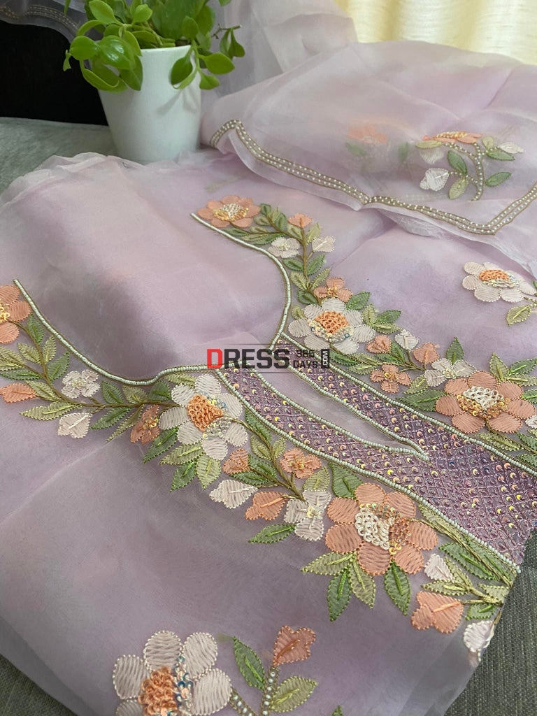 Powder Pink Organza Pearls Multicolour Chikankari Suit Suits