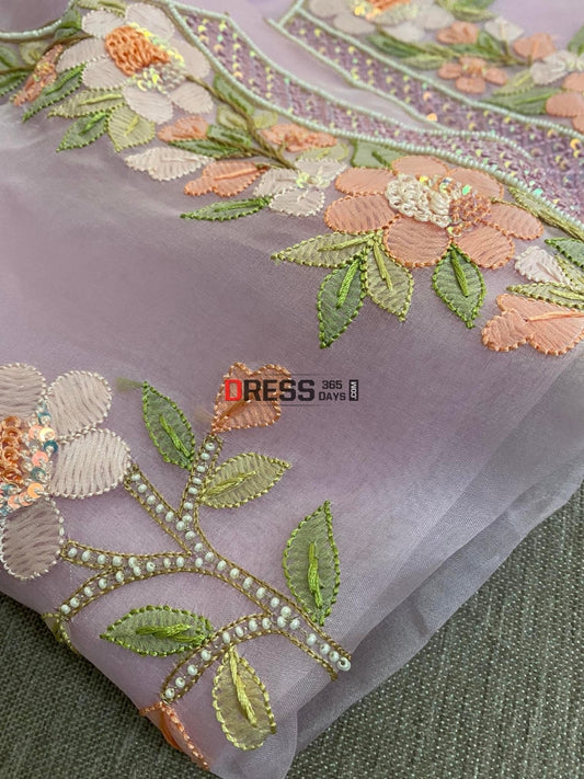 Powder Pink Organza Pearls Multicolour Chikankari Suit Suits