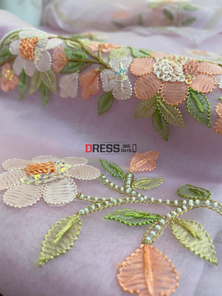 Powder Pink Organza Pearls Multicolour Chikankari Suit Suits