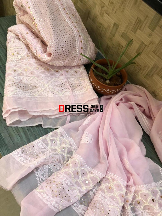 Powder Pink Pearl And Mukaish Chikankari Anarkali (Anarkali Dupatta)