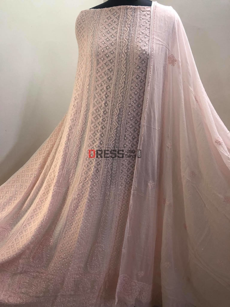 Powder Pink Pearl Chikankari Anarkali Suit
