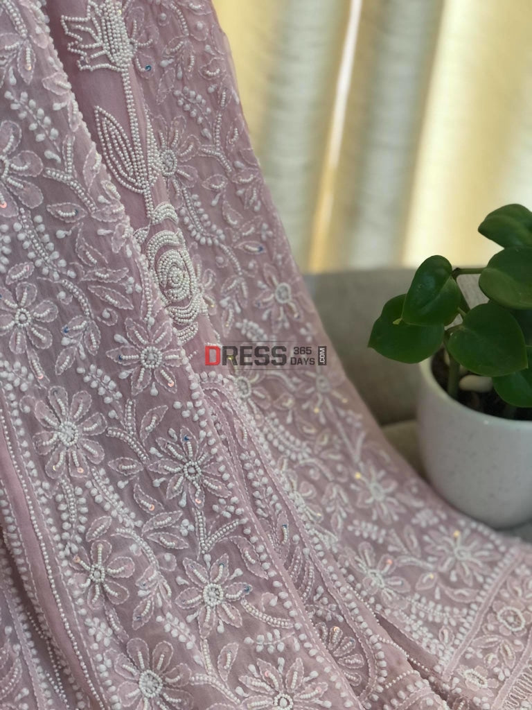 Powder Pink Pearl Lucknowi Chikankari Anarkali Suit