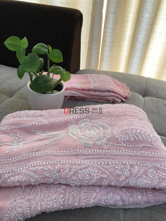 Powder Pink Pearl Lucknowi Chikankari Anarkali Suit