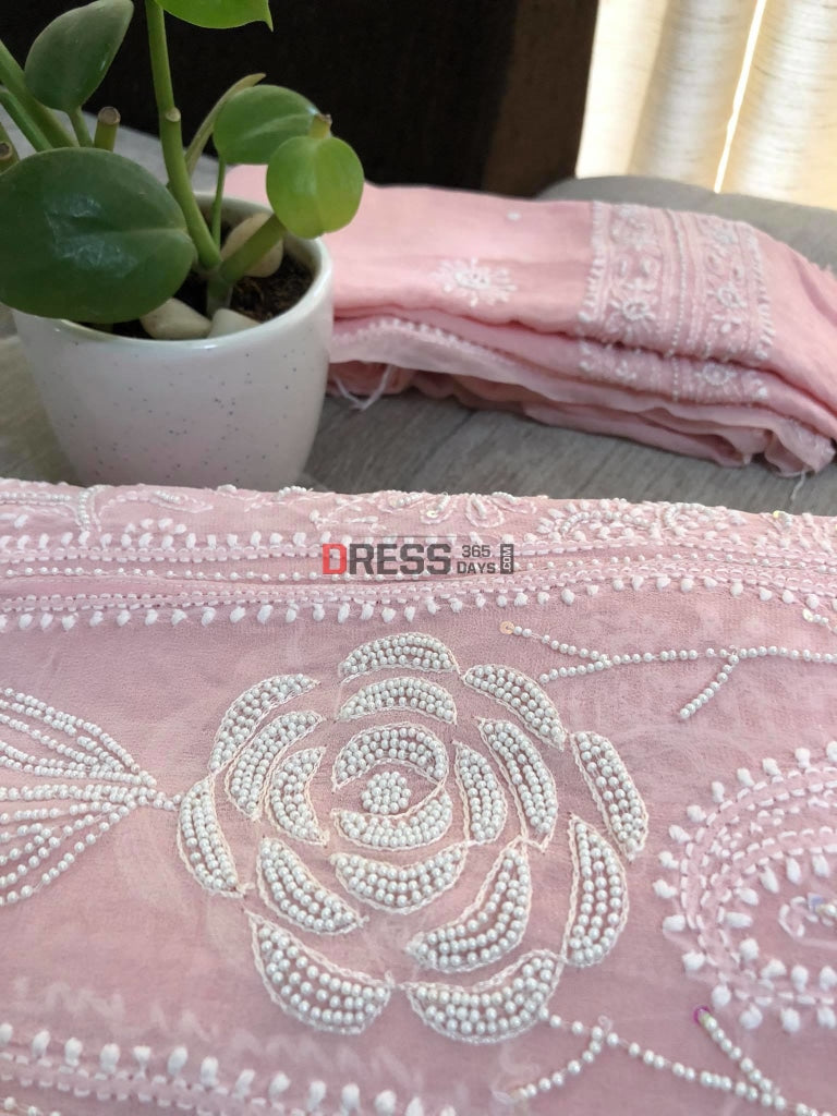 Powder Pink Pearl Lucknowi Chikankari Anarkali Suit
