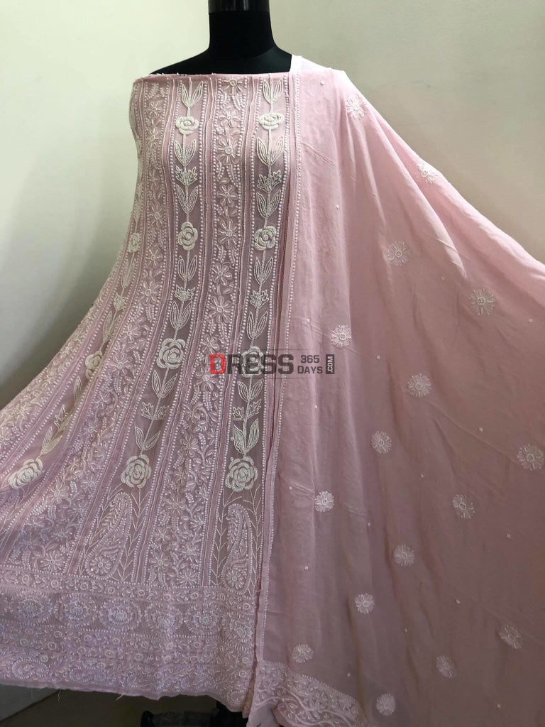 Powder Pink Pearl Lucknowi Chikankari Anarkali Suit