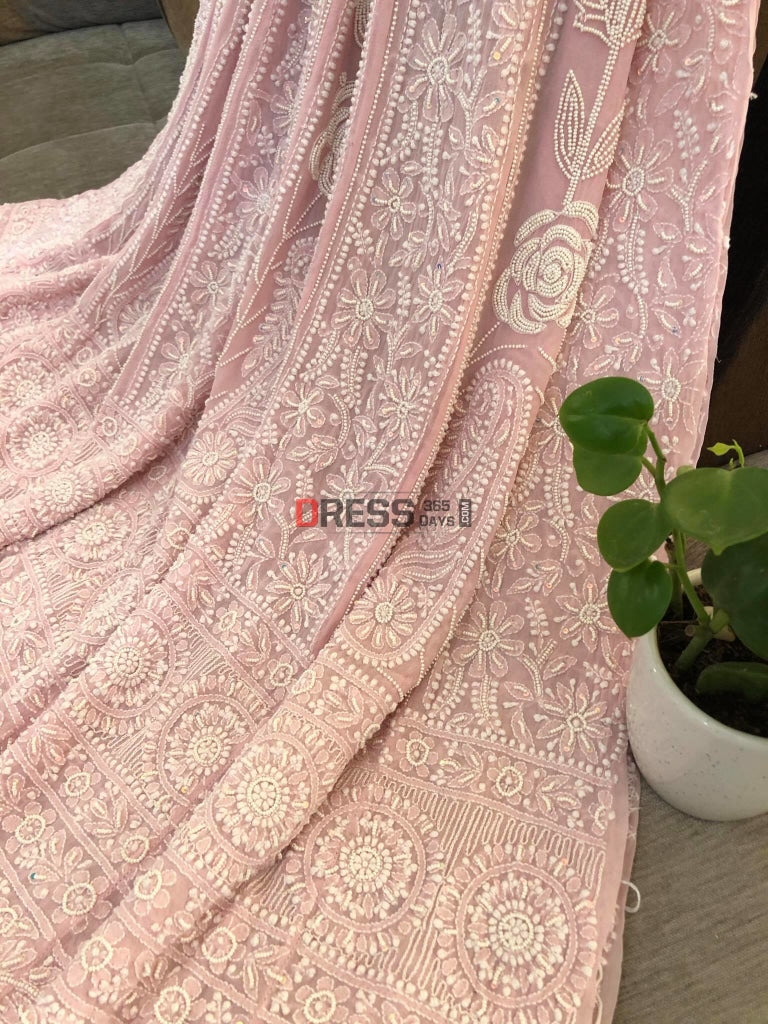 Powder Pink Pearl Lucknowi Chikankari Anarkali Suit