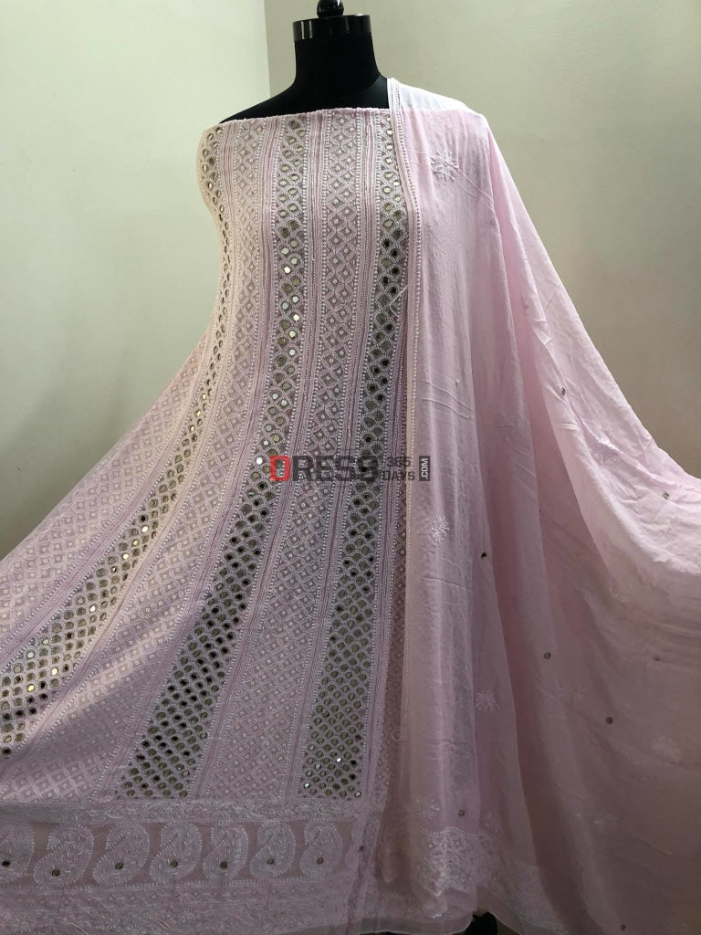 Powder Pink Pearl & Mirror Lucknowi Anarkali Suit Chikankari
