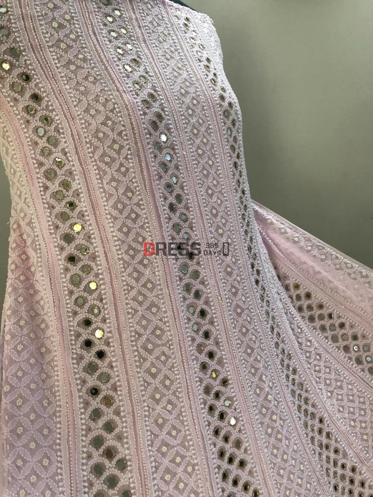 Powder Pink Pearl & Mirror Lucknowi Anarkali Suit Chikankari