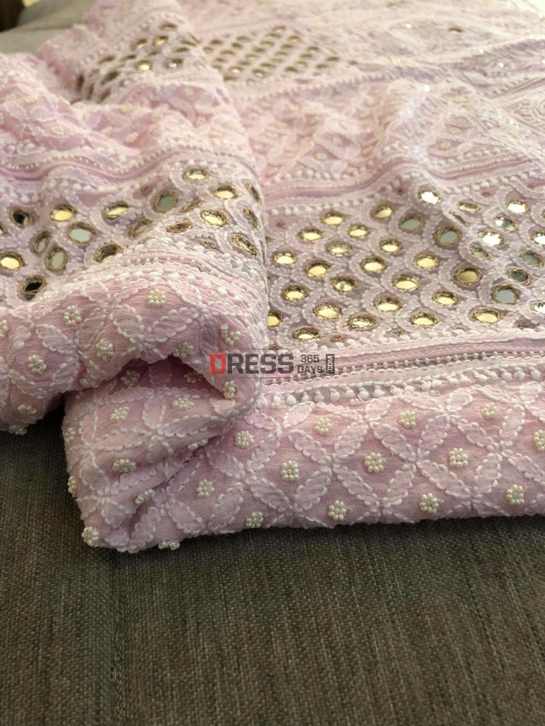 Powder Pink Pearl & Mirror Lucknowi Anarkali Suit Chikankari