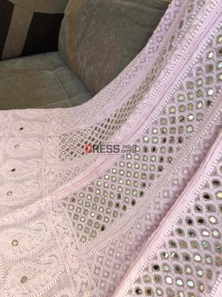 Powder Pink Pearl & Mirror Lucknowi Anarkali Suit Chikankari