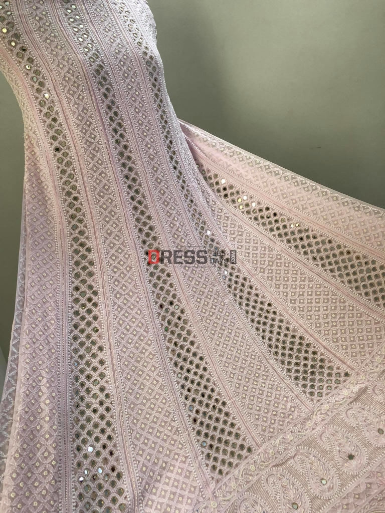 Powder Pink Pearl & Mirror Lucknowi Anarkali Suit Chikankari