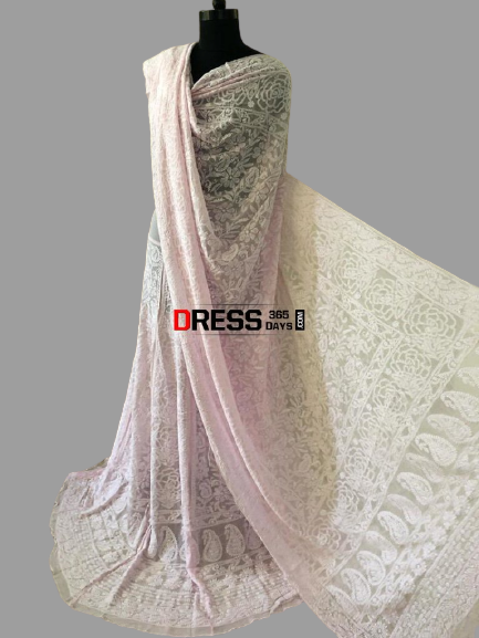 Powder Pink Pure Georgette Lucknow Chikankari Lehenga Set