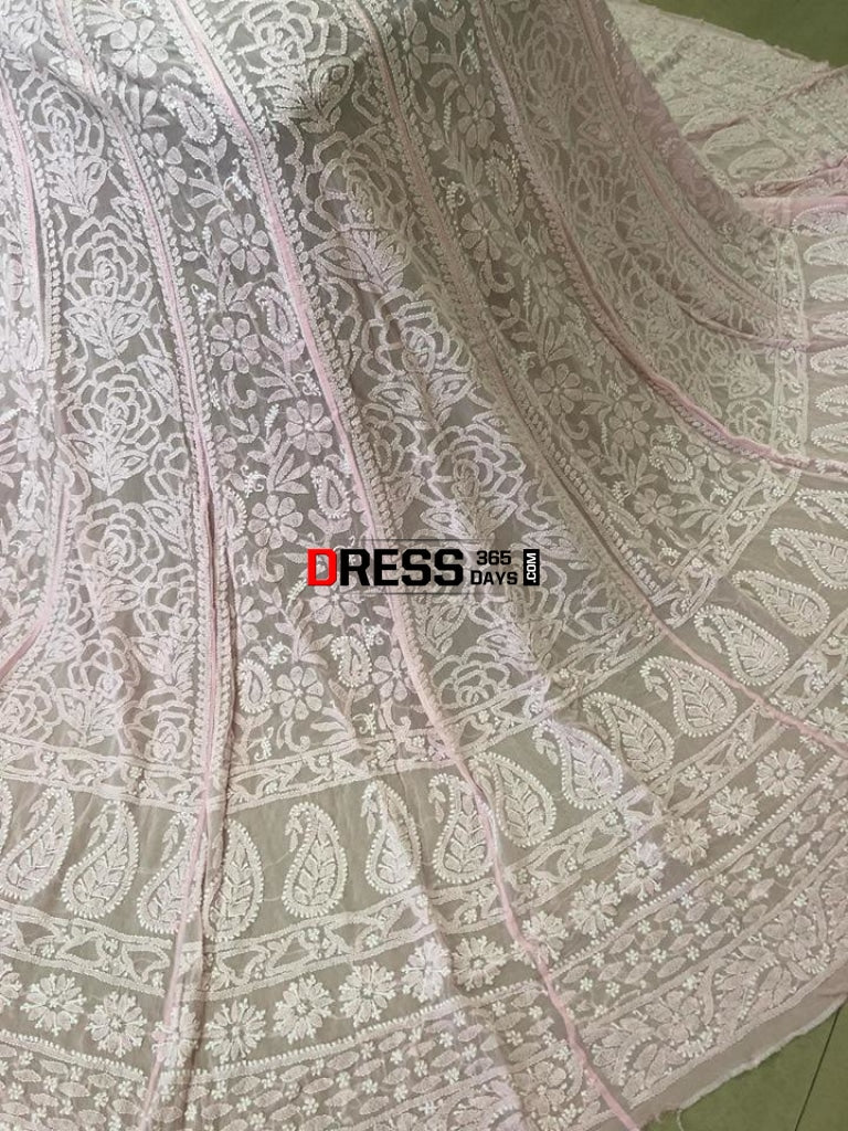 Powder Pink Pure Georgette Lucknow Chikankari Lehenga Set