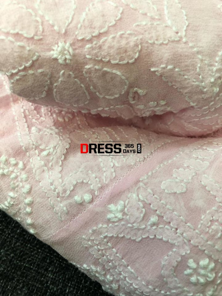 Powder Pink Pure Georgette Lucknow Chikankari Lehenga Set