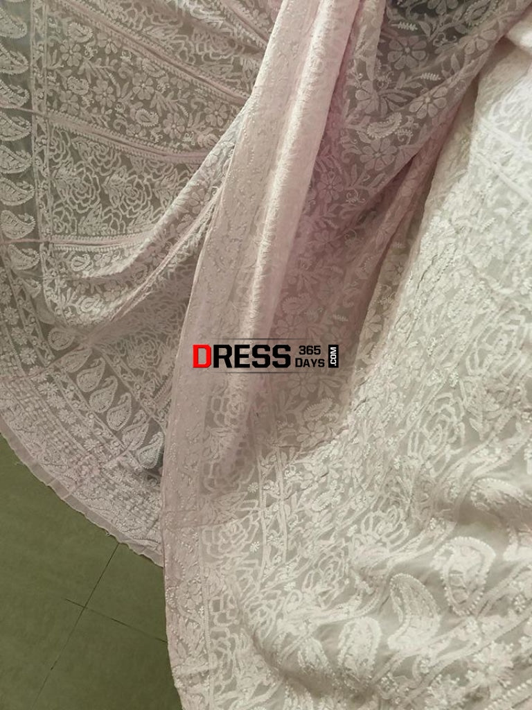 Powder Pink Pure Georgette Lucknow Chikankari Lehenga Set