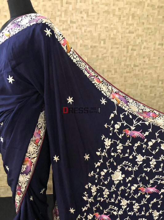 Pure Crepe Silk Navy Multicolour Parsi Gara Saree