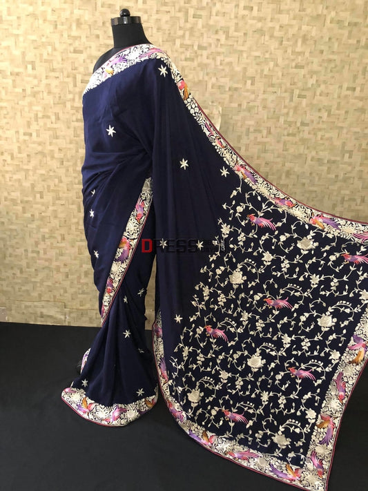 Pure Crepe Silk Navy Multicolour Parsi Gara Saree