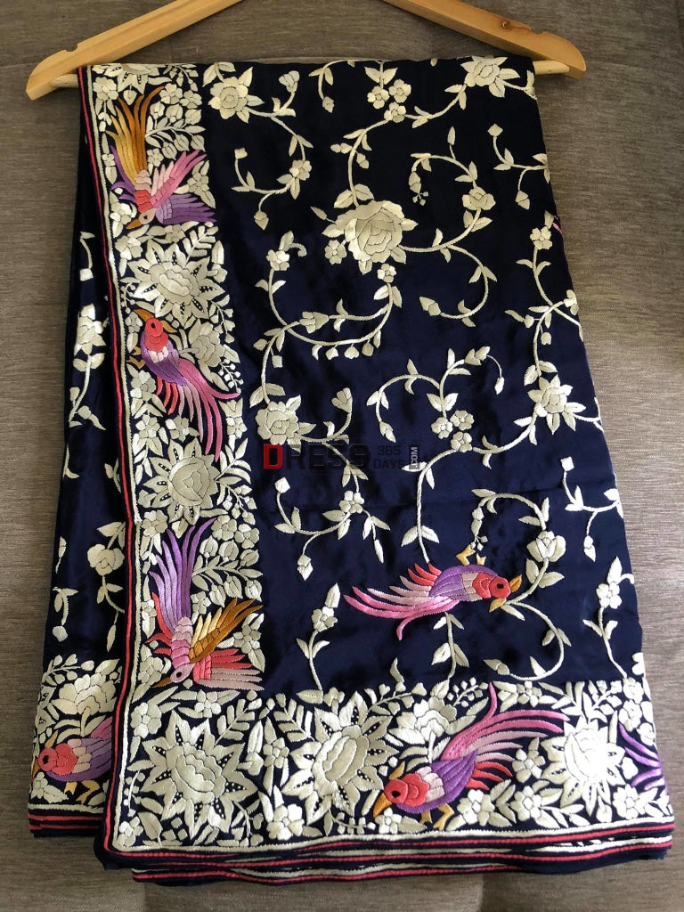Pure Crepe Silk Navy Multicolour Parsi Gara Saree