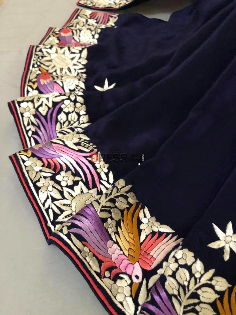 Pure Crepe Silk Navy Multicolour Parsi Gara Saree