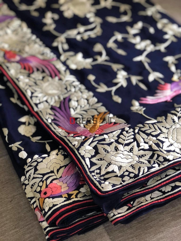 Pure Crepe Silk Navy Multicolour Parsi Gara Saree