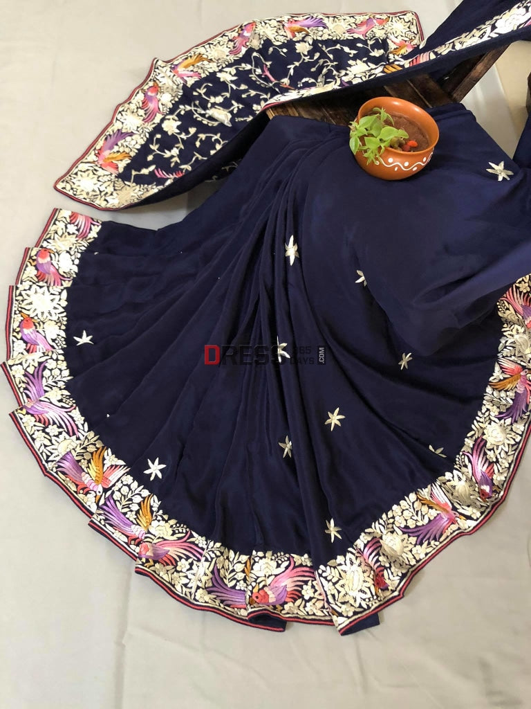 Pure Crepe Silk Navy Multicolour Parsi Gara Saree