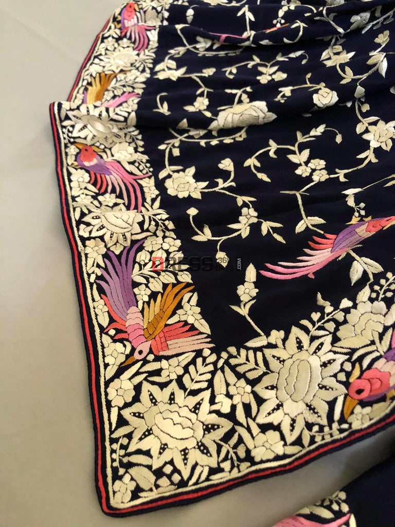 Pure Crepe Silk Navy Multicolour Parsi Gara Saree