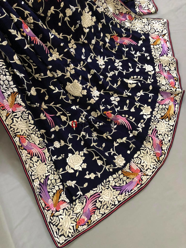 Pure Crepe Silk Navy Multicolour Parsi Gara Saree