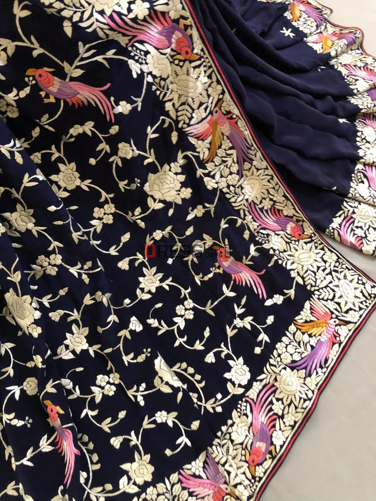 Pure Crepe Silk Navy Multicolour Parsi Gara Saree