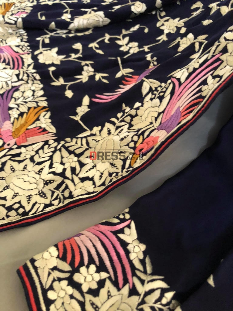 Pure Crepe Silk Navy Multicolour Parsi Gara Saree