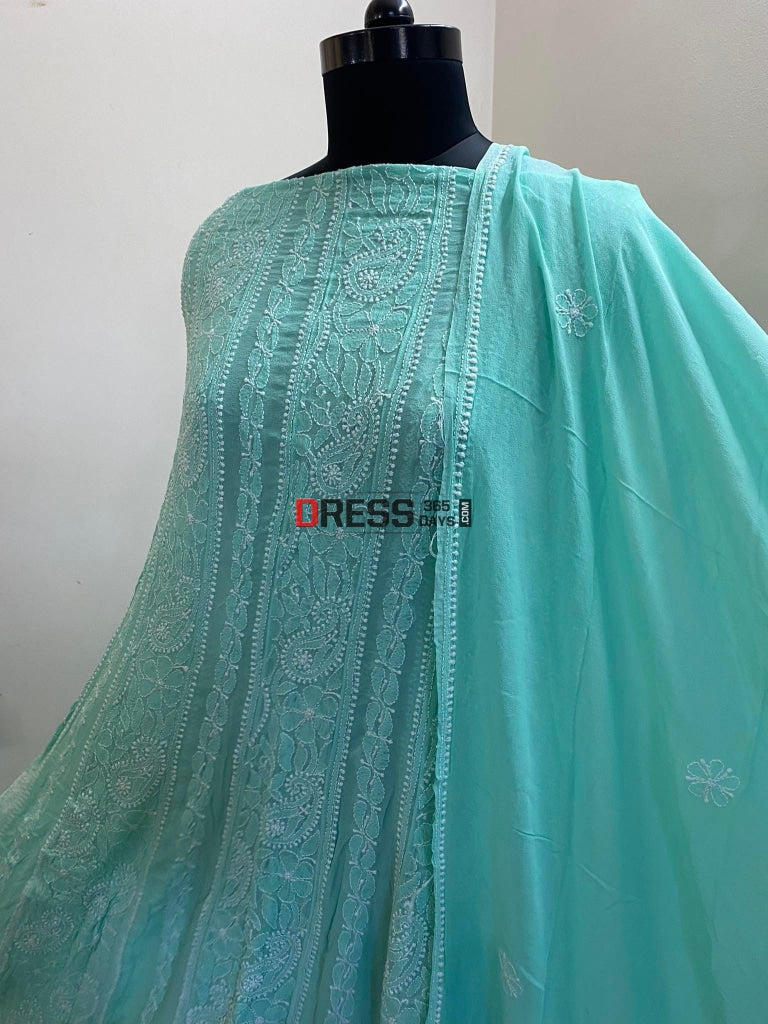 Pure Georgette Green Lucknowi Chikankari Anarkali Suit