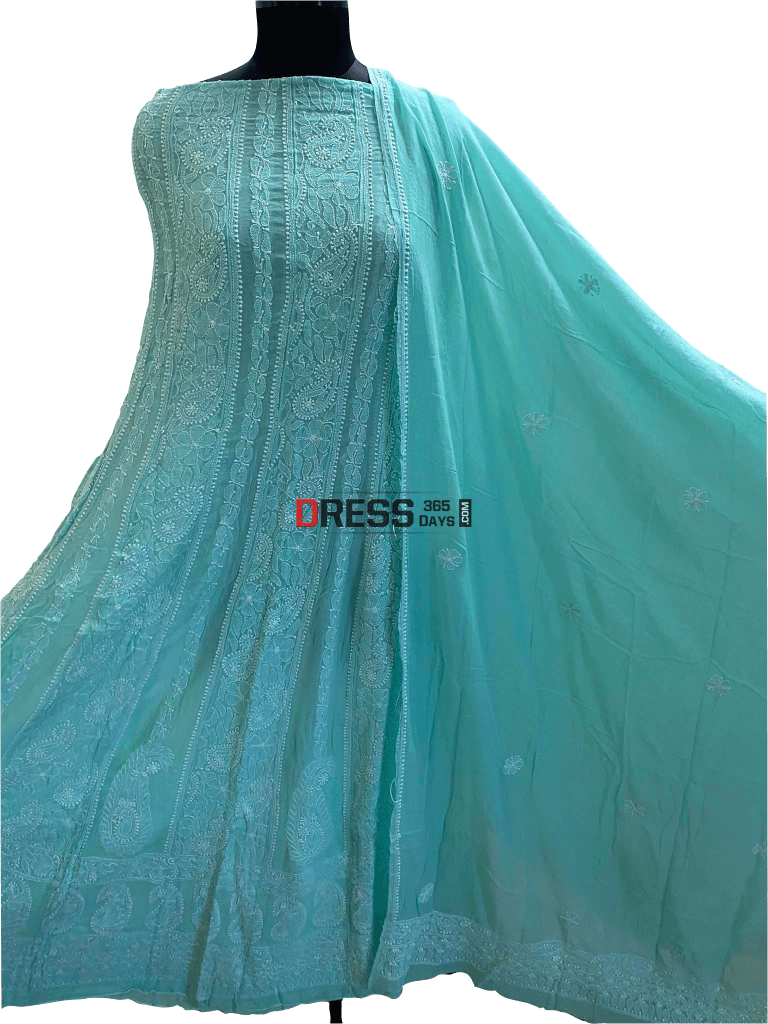 Pure Georgette Green Lucknowi Chikankari Anarkali Suit