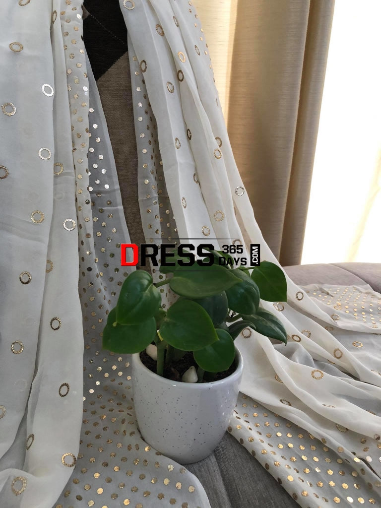 Pure Georgette Ivory Ring Mukaish Dupatta Chikankari